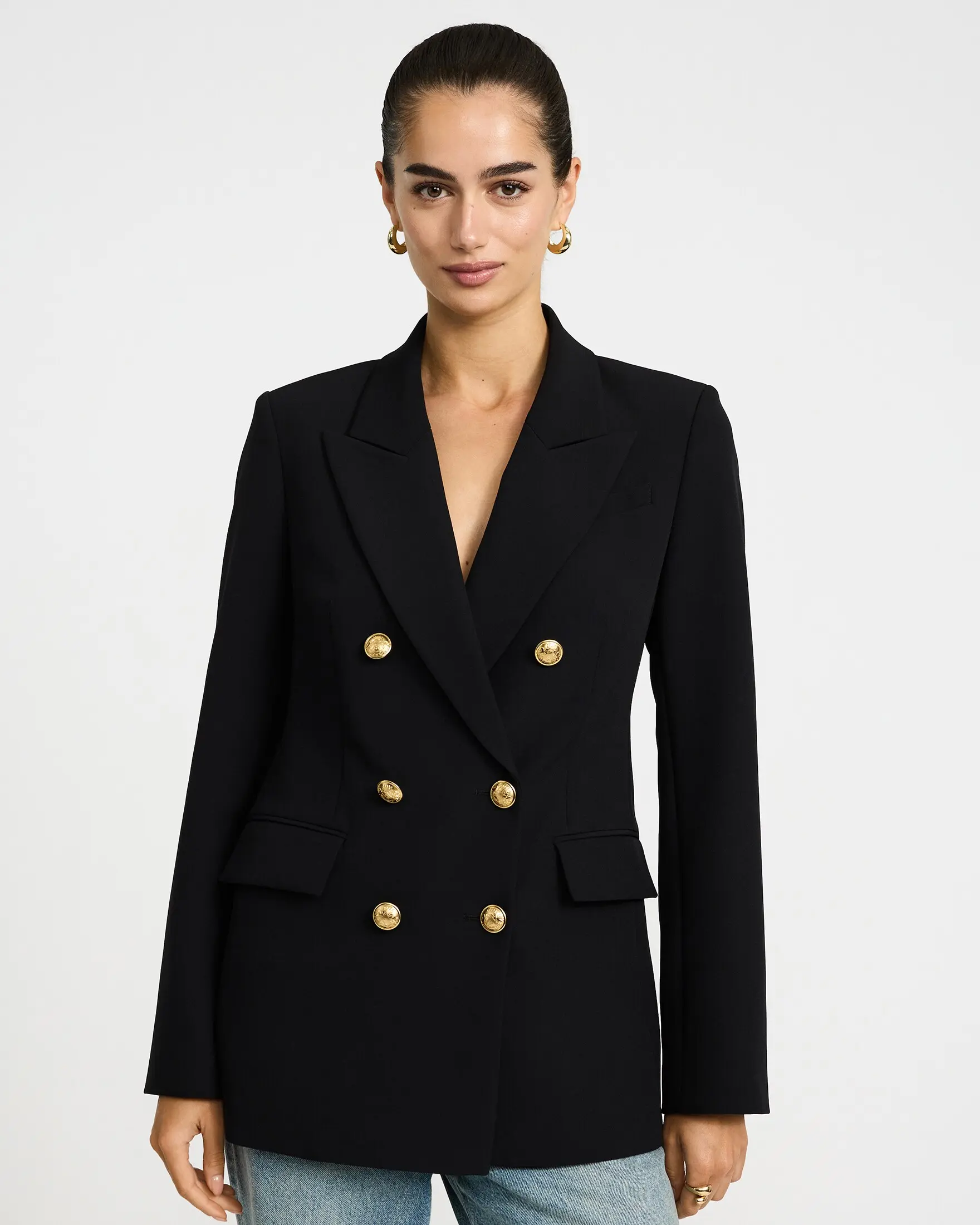 Express Studio Stretch Twill Double Breasted Novelty Button Blazer, Long Sleeve, Fabric, Lady, Fitted, Long Slim, Chic, Elegant