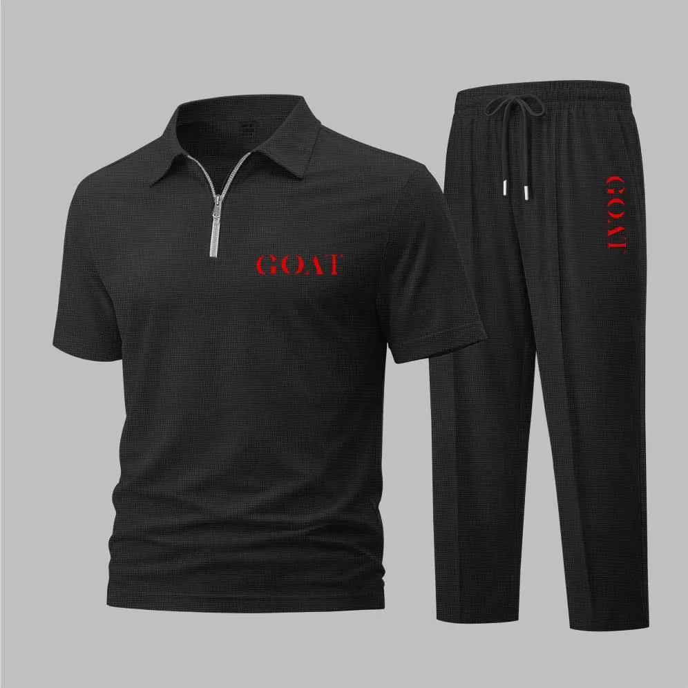 Men's 2-Piece Waffle-Knit Athleisure Tracksuit Outfit - Minimalist Sporty Chic Soft Touch Breathable Goat Print Zip Polo Shirt & Matching Jogger Pants, Casual Fit, Short-Sleeve, Zip Henley Short Sleeve Top, Long Pants With Elastic Waistband, Drawstring, L