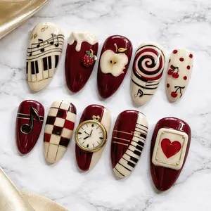Vintage Music & Cherry Press On Nails | 3D Piano Strawberry Clock Heart Design | Red Cream Retro Handmade Set