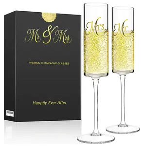 Mr & Mrs Champagne Flutes Set of 2 - - Engagement Gifts, Wedding Champagne Flutes for Bride and Groom - 210ml Elegant Glasses for Champagne, Prosecco, Christmas, Birthday