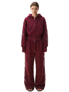 FDR Unisex Leopard Print Hoodie & Sweatpants Set, Oversized Cropped Letter Graphic Sweatshirt, Baggy Straight-Leg Sweatpants with Elastic Double Waistband, Vintage Casual Daily Streetwear