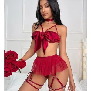 Women Lingerie Sets Silk Bow SleepwearGlamour Nightwear New Year Valentine's DayBirthday Gifts Womenswear Comfort BasicMinimalist Red Adjustable Bodysuit