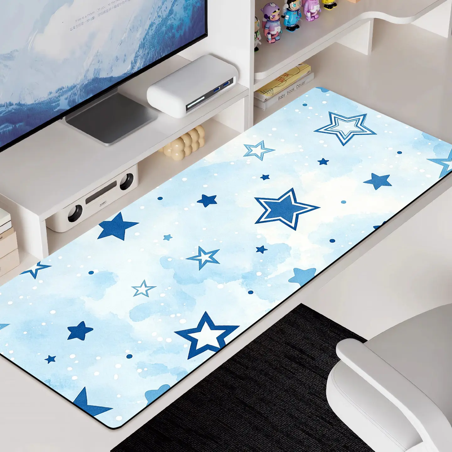 Large Rubber Mouse Pad (80*30cm), Non-Slip Extended Desk Mat with Star Cloud Pattern, Japanese Minimalist Keyboard Pad for Office Gaming Desktops