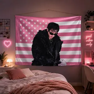 J Inspired Kpop Room Tapestry Flag, Pink Aesthetic Wall Hanging Decor, Korean Pop Fan Gift for Army Girls Birthday Dorm Room Decor