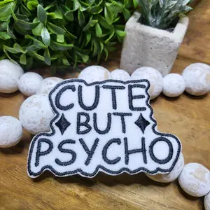 Iron-on Embroidered Patch on Felt, Cute but Psycho Design, Available in Black or Neon Pink, Other Colors by Request embroidery