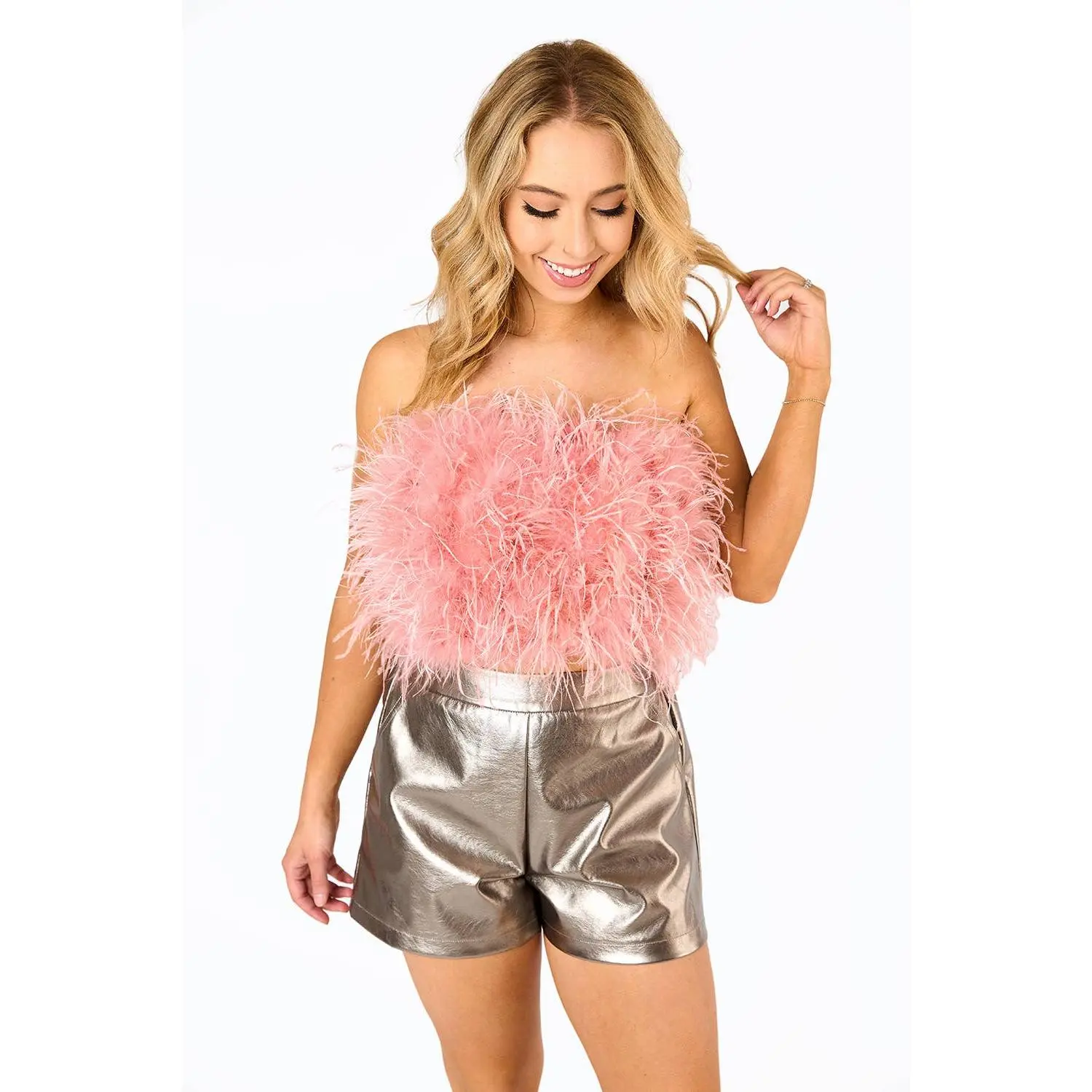 Fancy Rose Gold Strapless Feather Top