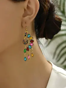 1pair Glamorous Elegant Colorful Rhinestone Peacock Tassels Dangle Earrings Fashionable Casual Middle Ages Style Elegant Exquisite Palace Wind Dangle Earrings Jewelry For Women&Teen Girls Daily Decoration