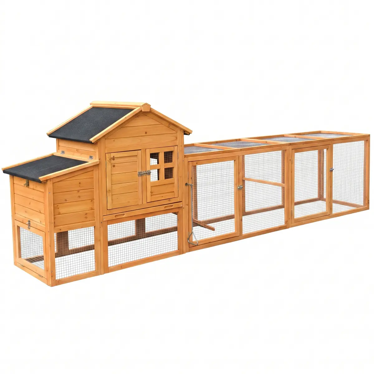 Wooden Chicken Coop with Enclosed Run, Nesting Box, Double Door, Sliding Doors, Removable Tray - Weatherproof Outdoor Poultry Hutch for 4-6 Chickens, Easy Cleaning Small Animal Enclosure, Wood, Grinding Fences, Outdoor Poultry Cage, Pitched Roof, Protects
