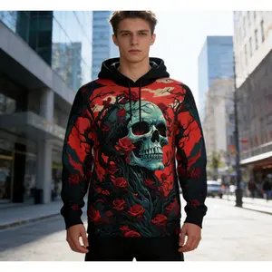 【Red Rose Skull Hoodie】Gothic Dark Print Top | Men/Women Oversized Edgy Streetwear | Teal Skull & Red Rose Graphic Hoodie | Trendy Horror Casual Daily Fashion