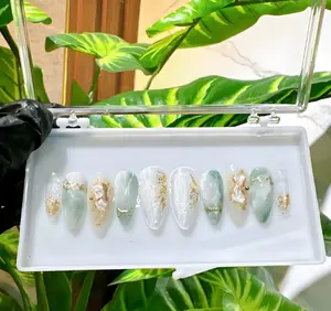 Luxury Jade Marble Press On Nails - Sage Green & Gold Foil Fake Nails with 3D Charms - Elegant Almond False Nails