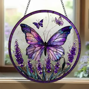 Purple Butterfly and Lavender Stained Glass Suncatcher, Window Hanging Garden Decor Gift for Mom