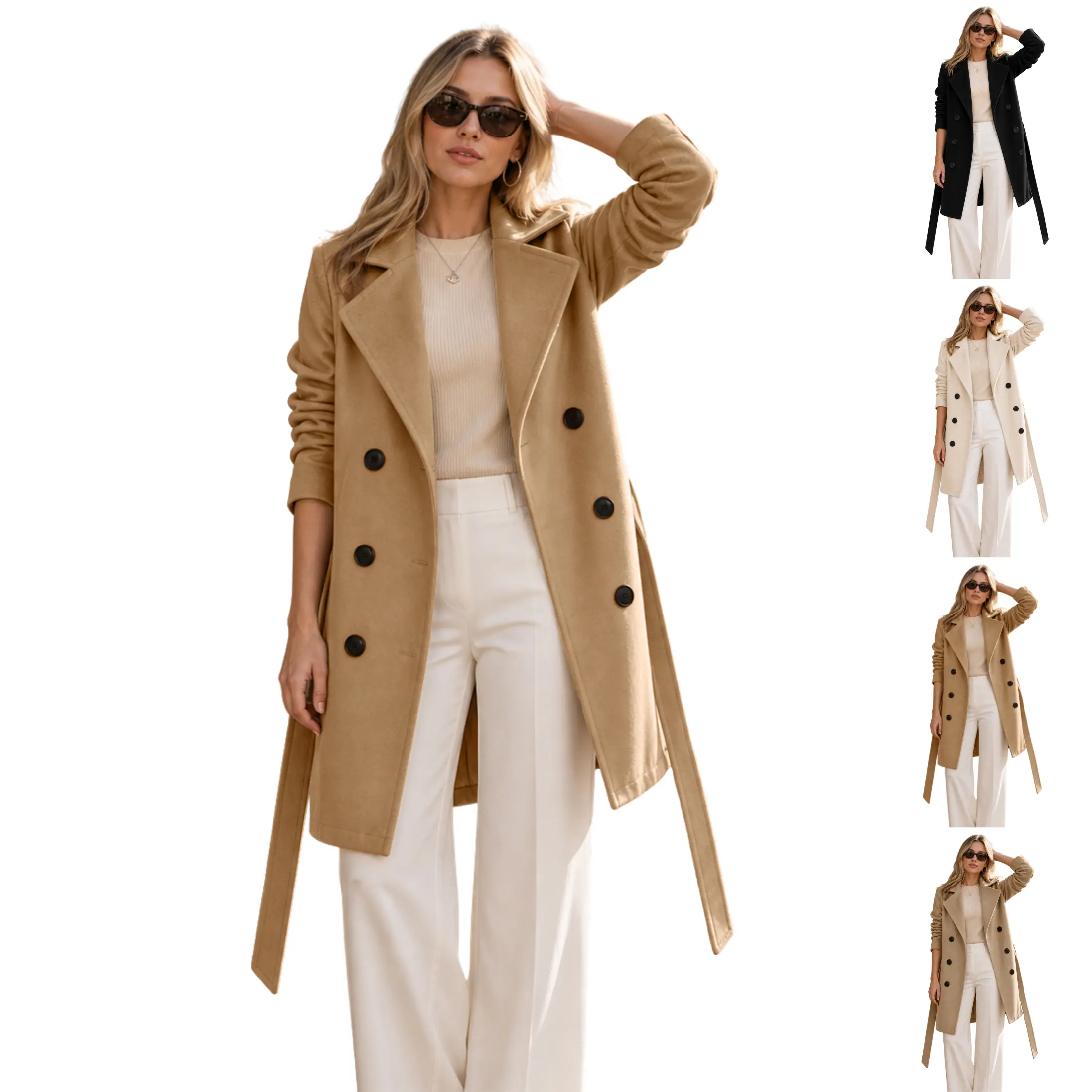 JovenPara Women's Fall Winter Wool Blend Peacoat Double Breasted Mid Length Wool Trench Coat Faux Mid-Length Jacket Versatile Outerwear Casual