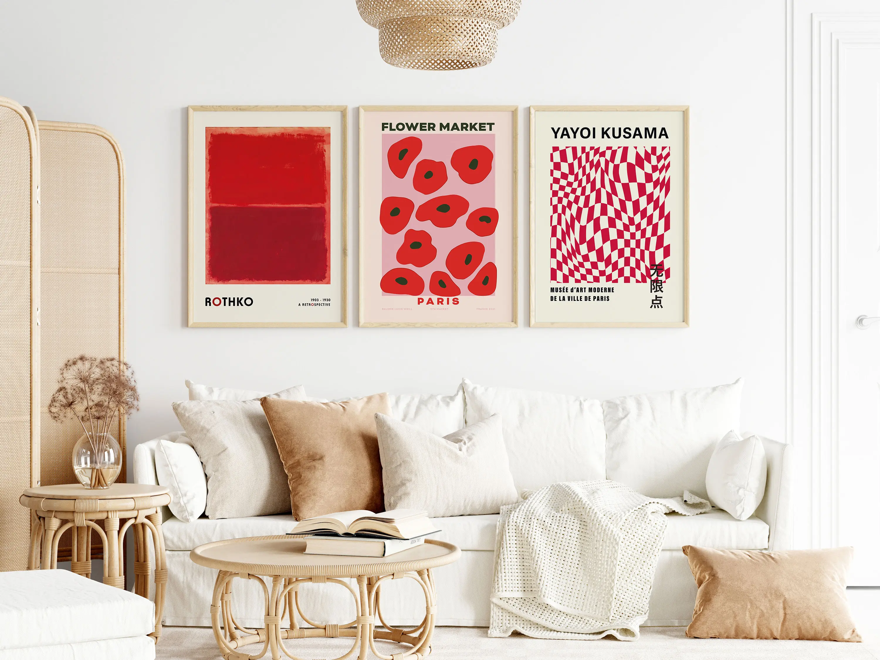 Gallery Wall Set of 3 Prints, Kusama Print, Rothko Poster, Flower Market Poster, Gallery Wall Bundle, Modern Wall Art, Red Poster Print Set