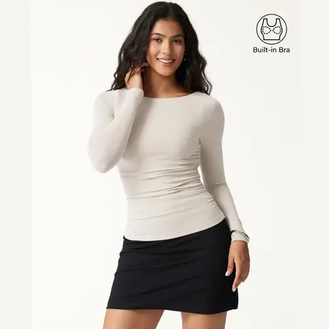 Women's OGL Light Warm Boatneck Ruched Long-Sleeve Bra Top - Minimalist Blouse, Shirt, Blouses, Shirts tiktokshopstockup Casual Fit Minimalist Womenswear Fall Deals For You