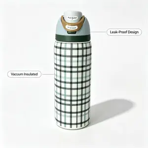 Owala 32oz Vintage Green Plaid Water Bottle, Double Wall Vacuum Insulated, Leak-Proof Lockable Lid, Keeps Drinks Cold/Hot, Perfect for Everyday Use & Fall Outings