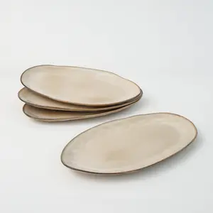 3-Piece Stoneware Serving Platter Set – Crema | Premium Ceramic Rectangular Platters for Appetizers, Main Dishes & Desserts | Microwave, Dishwasher & Oven Safe | Chip Resistant Reactive Glaze Trays