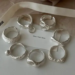 PANJBJ 925 Sterling Silver Frosting Geometry Ring for Women Wide Texture Versatile Handmade Ins Jewelry Gift