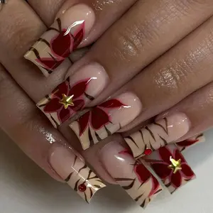Autumn Winter Latin Style 24pcs Long Leopard Flower French Press-On Nails Set, Sweet Spicy Cool Girl Nail Art Design, Unique Floral Pattern, Removable Glossy Fake Nails, Nail Kit