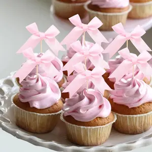 Pink Bow Cupcake Toppers,12 PCS Pink Birthday Decoration,Bow Themed Party Decorations Coquette Birthday Cake Decoration for Bachelorette Bridal Engagement Wedding Baby Shower Party Decor Ornaments Set