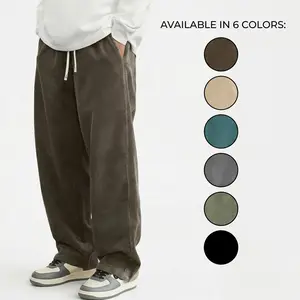 Men's Corduroy Wide-Leg Pants, Polyester Fabric, Elastic Waist Drawstring, Straight Loose Fit, Pocket-Equipped Mens Clothes, for Young Streetwear Casual Use, Pair with Sneakers