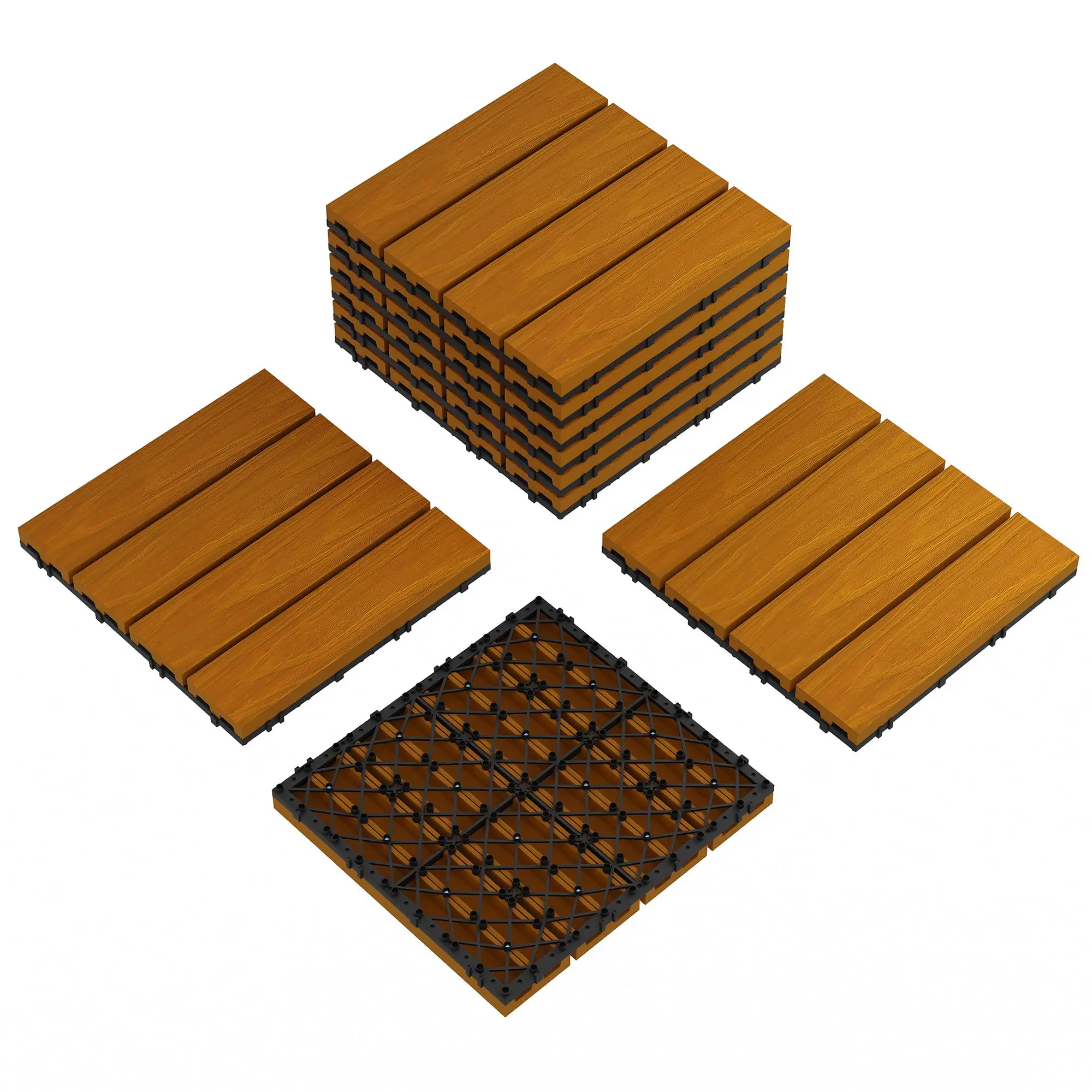 [GAOMON] 9-Pack 12x12 Square Interlocking Deck Tiles, Waterproof Composite Teak Outdoor Flooring with Plastic Frame, Interlock Grid Snap-Together Easy Install, All-Weather Poolside & Garden Tiles