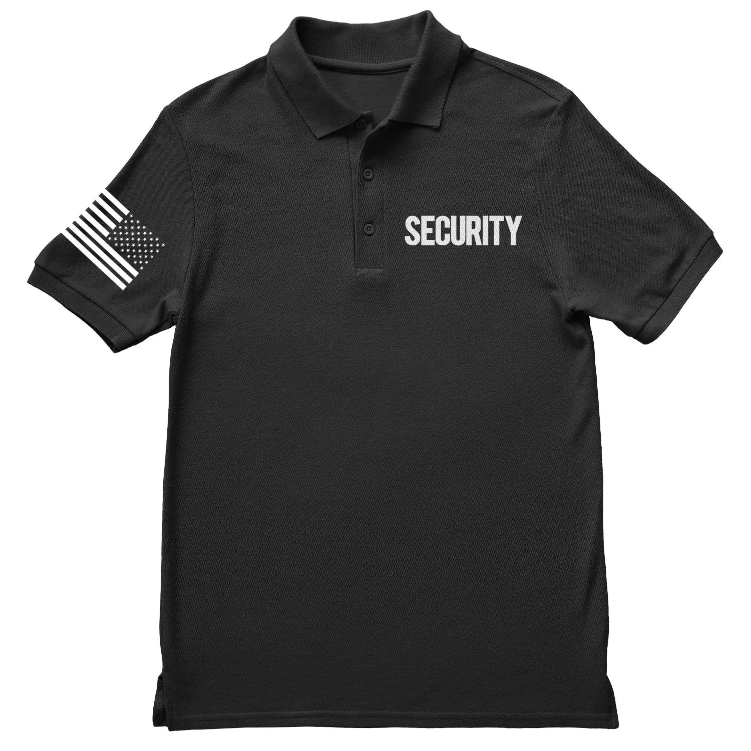 Mens Security Polo Shirt Front Back Print (Solid, USA Flag Sleeve, Black & White) Mens Security Polo Shirt Front Back Print (Solid, USA Flag Sleeve, Black & White)
