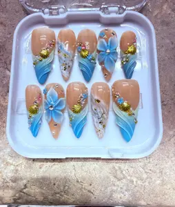 Ocean Breeze Fantasy Press On Nails | 3D Blue Floral & Shell Charms | Mermaidcore Aqua Ombre Nail Art | Handmade Long Stiletto Nails