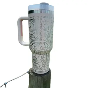 Tooled Leather Engraved 40 oz Tumbler Double Insulated Stainless Steel with Full Wrap Drinkware Stylish Lid & Straw Personalized Portable Water Bottle Neon Red Flasks Mug