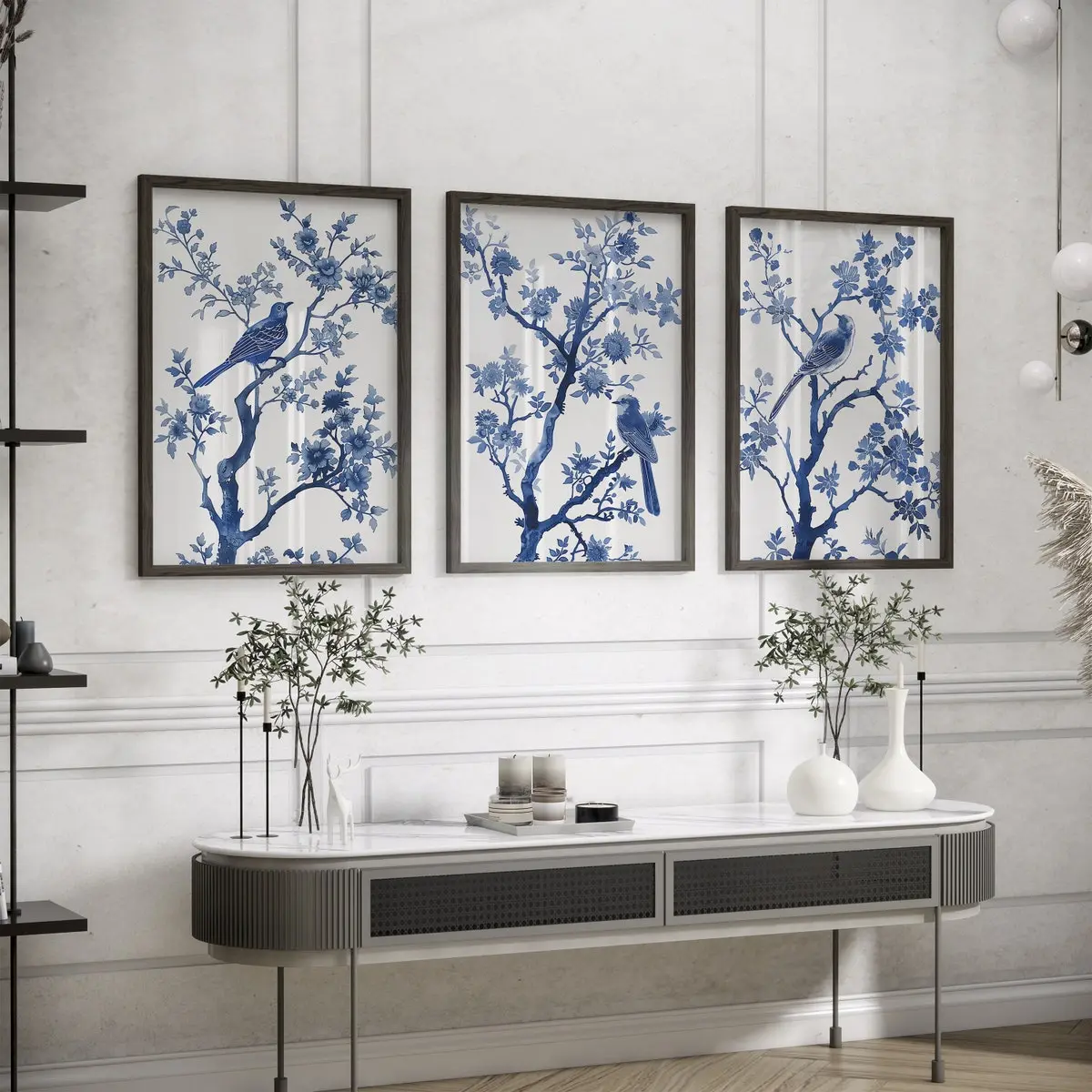 Blue Chinoiserie Set of 3 Prints Chinoiserie Wall Art Vintage Blue Floral and Bird Print Chinoiserie Wall Decor Porcelain Pattern Art UNFRAMED