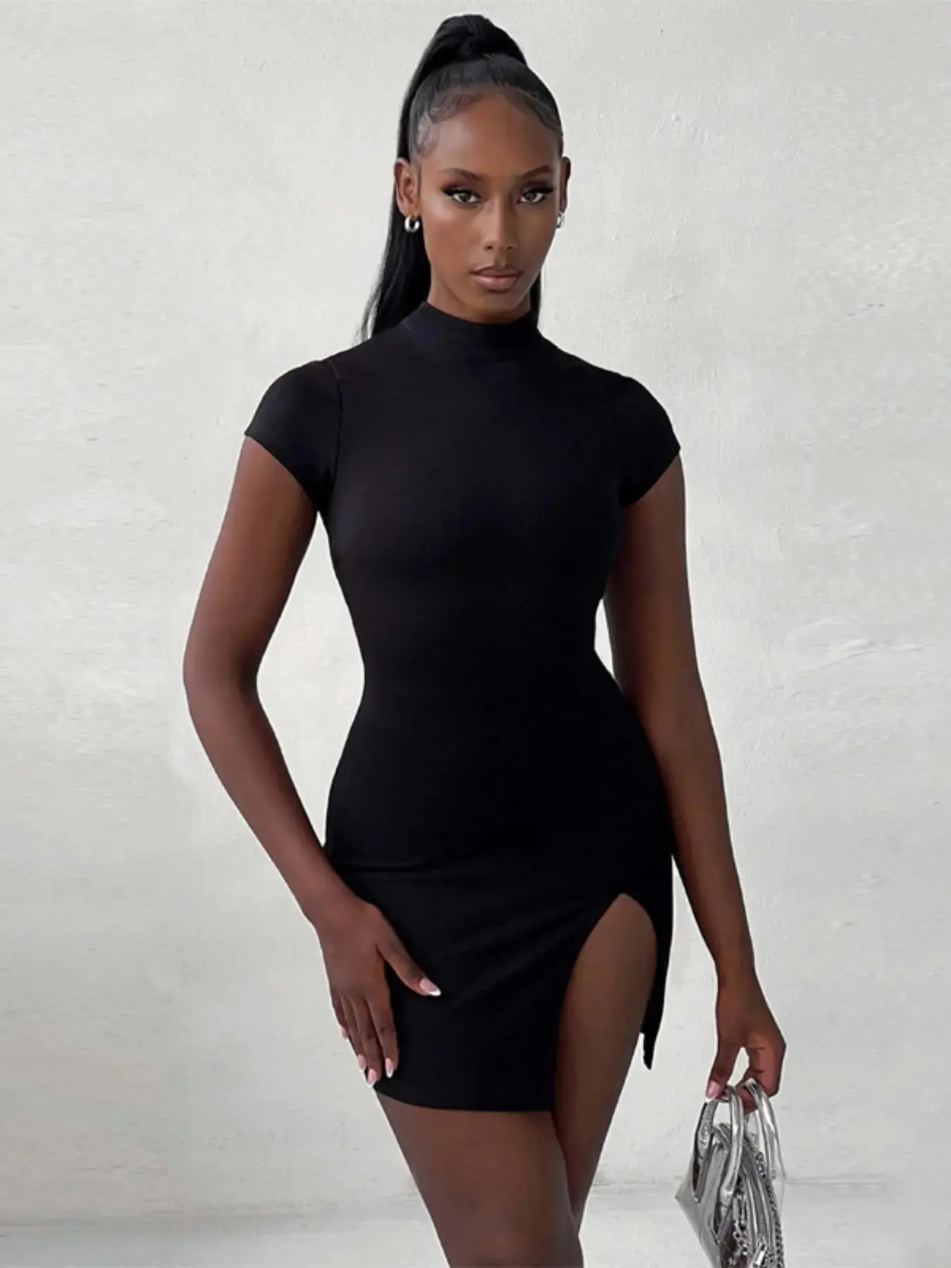 Women's Plain Mock Neck Cut Out Tie Back Split Thigh Bodycon Dress, Capri Sun Dress, Casual Short Sleeve Mini Dress, Women's Summer Clothes for Party Nightclub, Womenswear Dresses for Women, Summer Clothes Women