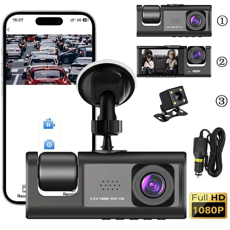 Car DVR Dual Lens Dash Cam HD 1080P Front/Rear/Inside Video Recorder Camera G-sensor, 3 Channel Dash Cam, 170° Wide Angle 1080P Full HD Dash Camera fo