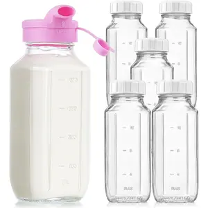 16 Oz Square Glass Milk Bottles with A  Cover, 6 Pack Glass Bottles for Juicing with Airtight Lids, Glass Drinking Bottles with Lids and Scale Mark, Breast Milk Storage Jug Easy to Carry