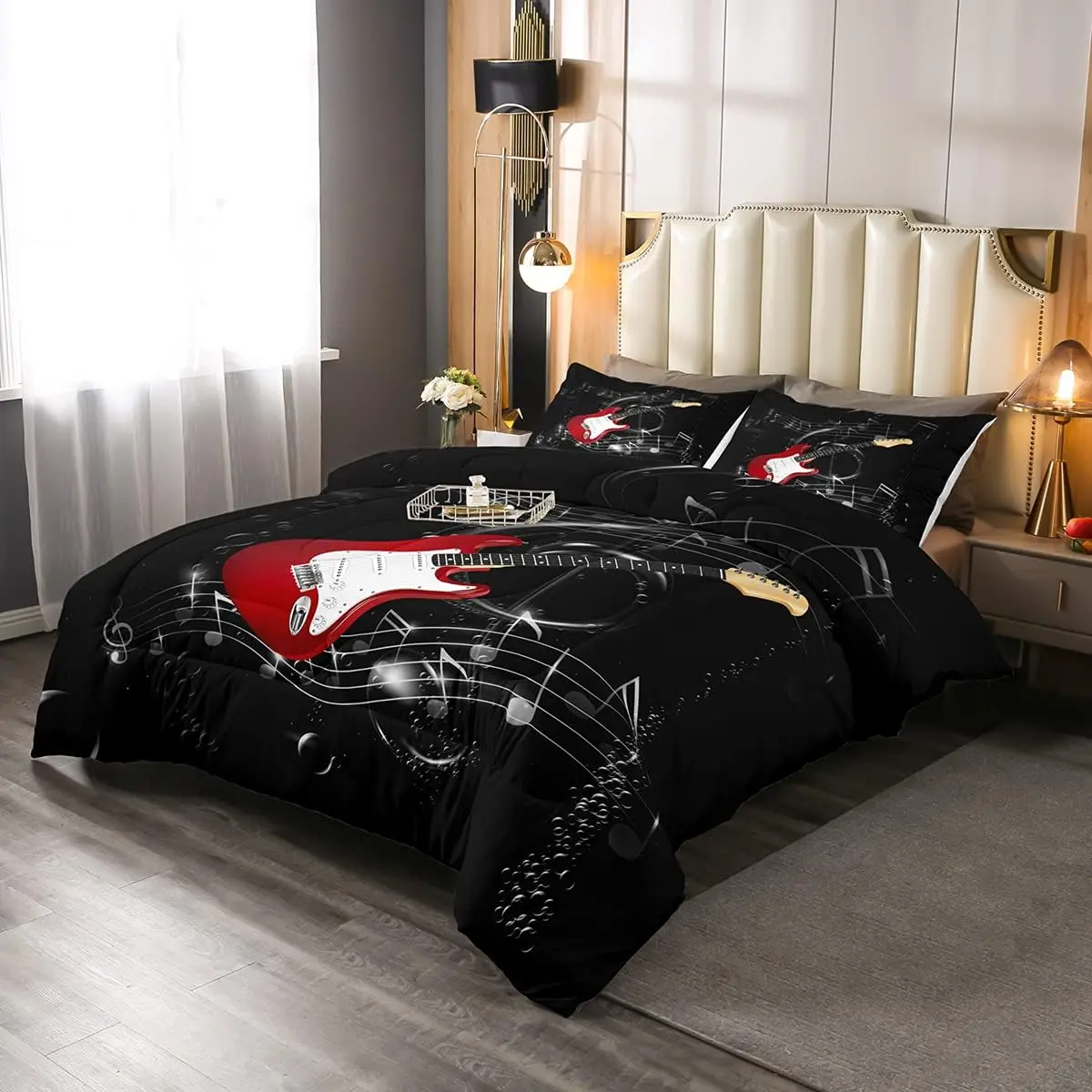 Feelyou Guitar & Music Bedding Set - Polyester Fiber, Lightweight Warm Down Comforter, Black Luxury Multi-Size, Travel-Ready Bedding Set for Guitar Lovers, Youth Adults, Guitar And Music Bedding Set