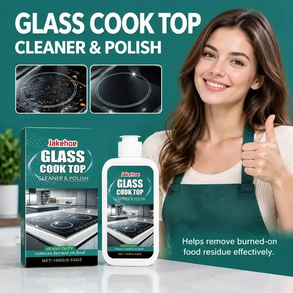 Jakehoe Glass Cooktop Cleaner and Polish - Heavy-Duty Household Burned-On Food Remover, Green Cleaning Paste, Bubble Bath Sprinkles, Hard Water Bathroom Cleaner, Delicate Wash Solution, Applicator Cloth for Stubborn Stains