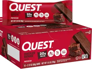 Quest Nutrition Chocolate Brownie Protein Bar, 20g Protein, 1g Sugar, 4g Net Carb, High Fiber, Gluten Free, Gluten Free, 12 Count