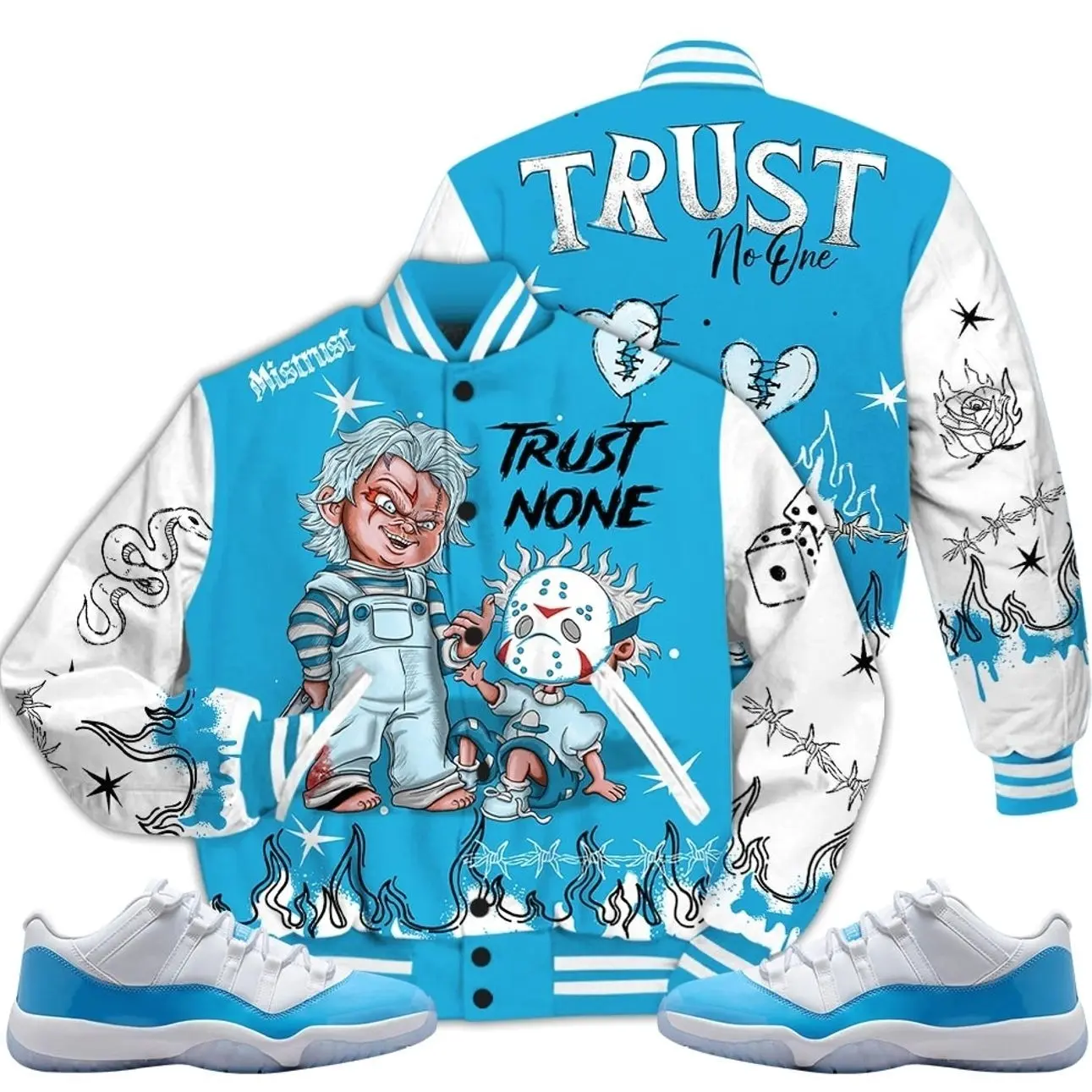 11 Low University Blue Varsity Jacket, Low University Blue 11s Outfits, Scary Trust No One Unisex T-Shirts To Matching Sneakers