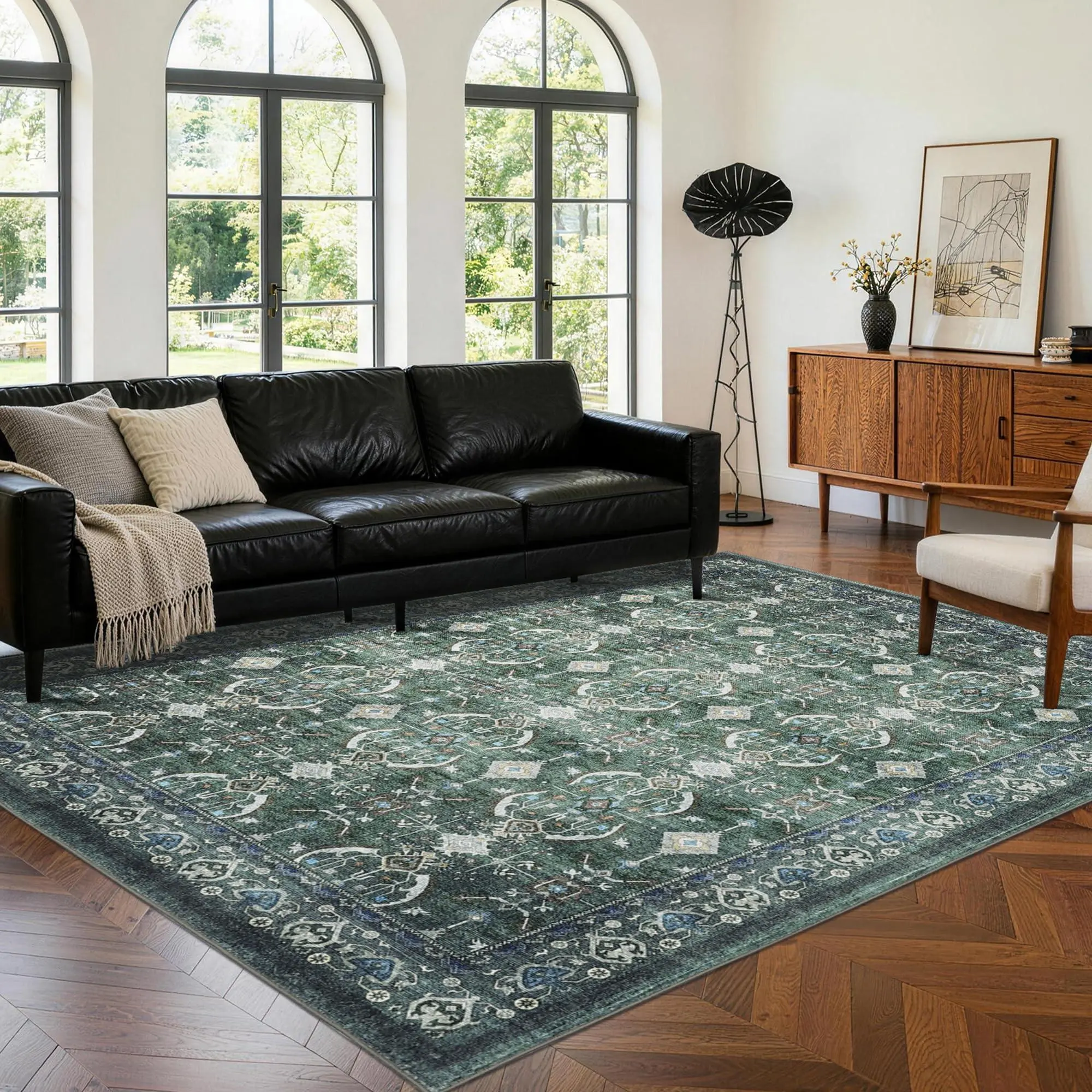 Area Rug 5×7, Washable Vintage Boho Rug, Low-Pile Non-Slip Stain Resistant Carpet for Living Room, Bedroom, Dining Room, Kids Nursery, Green
