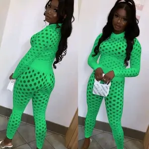 Women's 2-Piece Set - Green Polka Dot Long Sleeve Top & Matching Leggings Fashionable Outfit