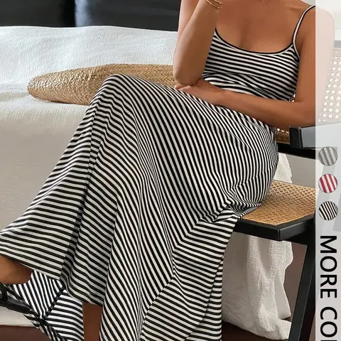 Women's Summer Striped Beach Vacation Long Dress, Casual Lightweight Breathable Thin Strap Beachwear, Beach Coverups, Swimsuit Cover Ups, Womenswear