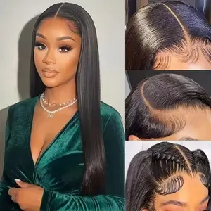Straight Synthetic Lace Front Wig: Pre-plucked hairline, glueless application, silky-smooth straight black hair, featuring lace craftsmanship—perfect for beginners.