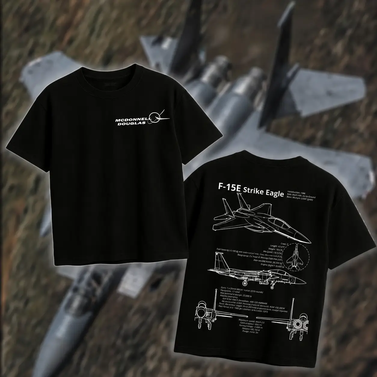 F-15 Strike Eagle Blueprint T-Shirt/Hoodie Vintage Mcdonnell Douglas F-15E Graphic Tee Military Enthusiast Streetwear Clothing Gift for Men Breathable Printing