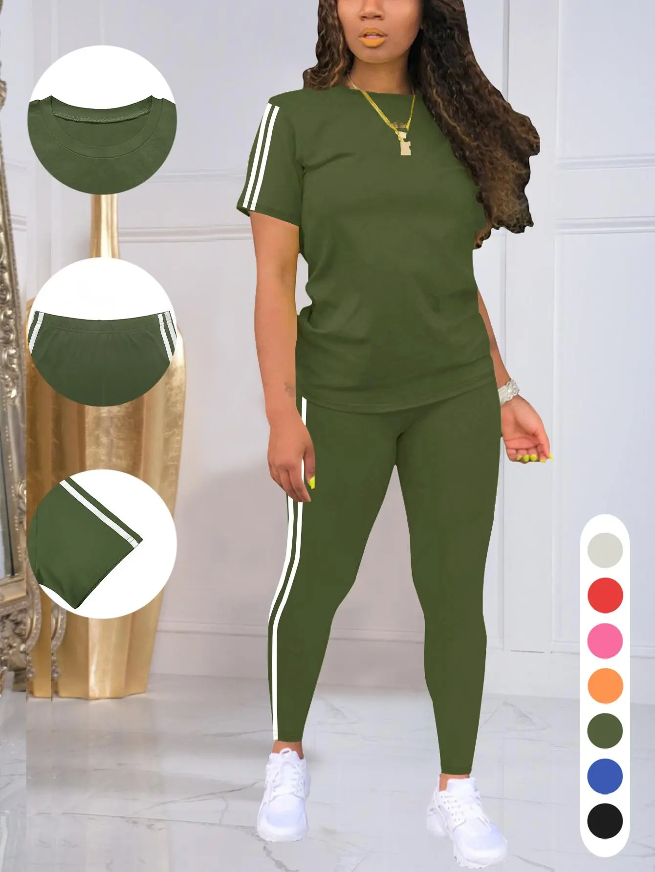 Women's Fitted 2-Piece Matching Set - Minimalist Basic Round Neck Short-Sleeve Striped/Solid Trousers, Casual Style Icon Women's Clothes for Spring, Style Icon Set,Women 2 Piece Sets