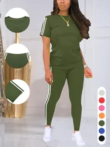 Women's 2-Piece Fitted Minimalist Basic Round Neck Striped Solid Color Short-Sleeved Trousers Suit, Lady's Casual Womenswear Set for Spring Glow-Up Style Icon Looks