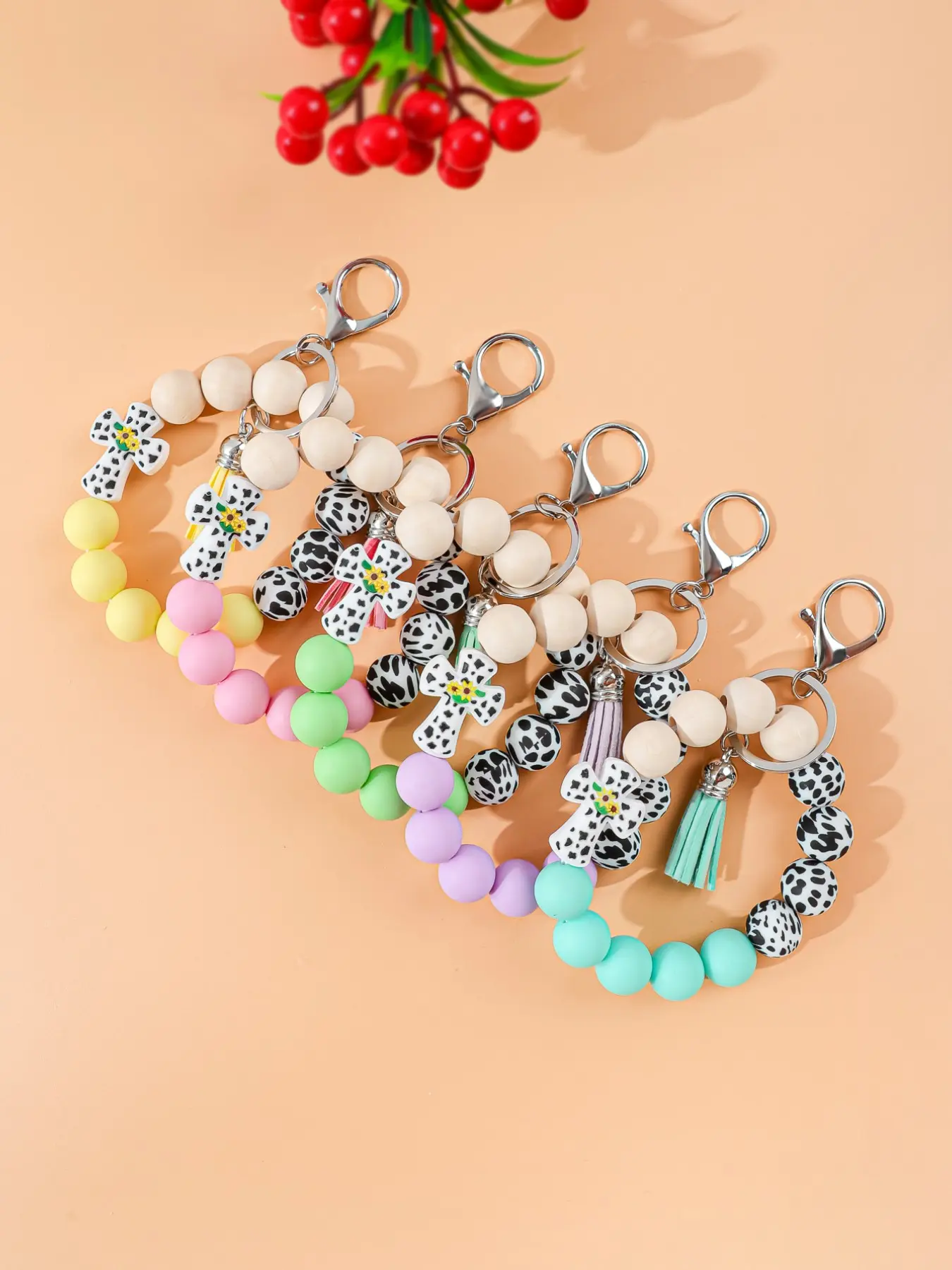 Elegant Boho Style Beaded Keychain, Cute Spotted Dog Silicone Cross Keyring, Sunflower Tassel Decoration, Women's Fashion Key Ring