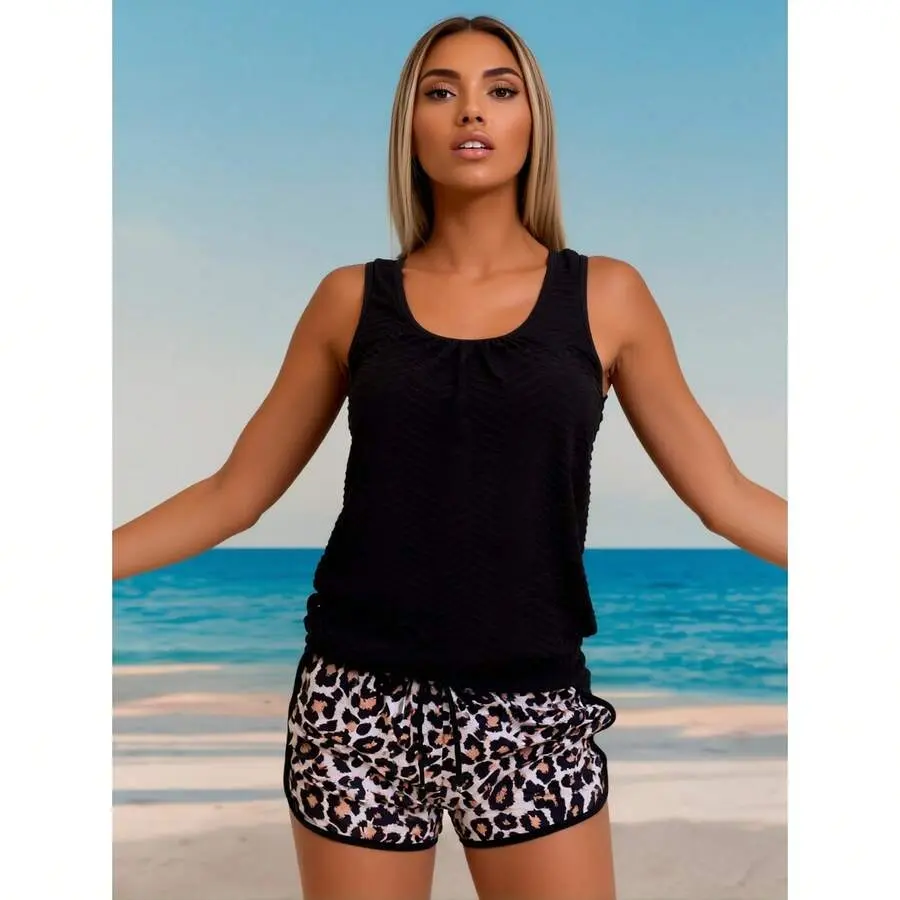 Women's 2026 New Polyester High-Stretch Quick-Dry Knit Loungewear Set - Sleeveless Tank Top, Drawstring Leopard Print Skirt, Built-In Bra, Comfortable Fabric Home Wear, XL
