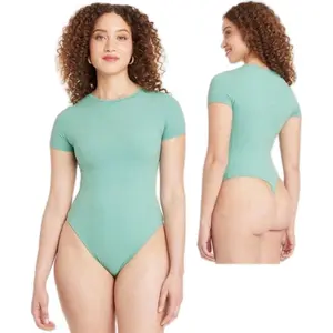 Auden Women's Luxury Collection 4-Way Stretch Long Sleeve Bodysuit - Soft Knit Fabric, Opaque Sheerness, Comfortable & Versatile, 77% Nylon 23% Spandex - Cotton, Garment, Pants, Bottoms Clothes Everyday Elegance Womenswear Shortsleeve