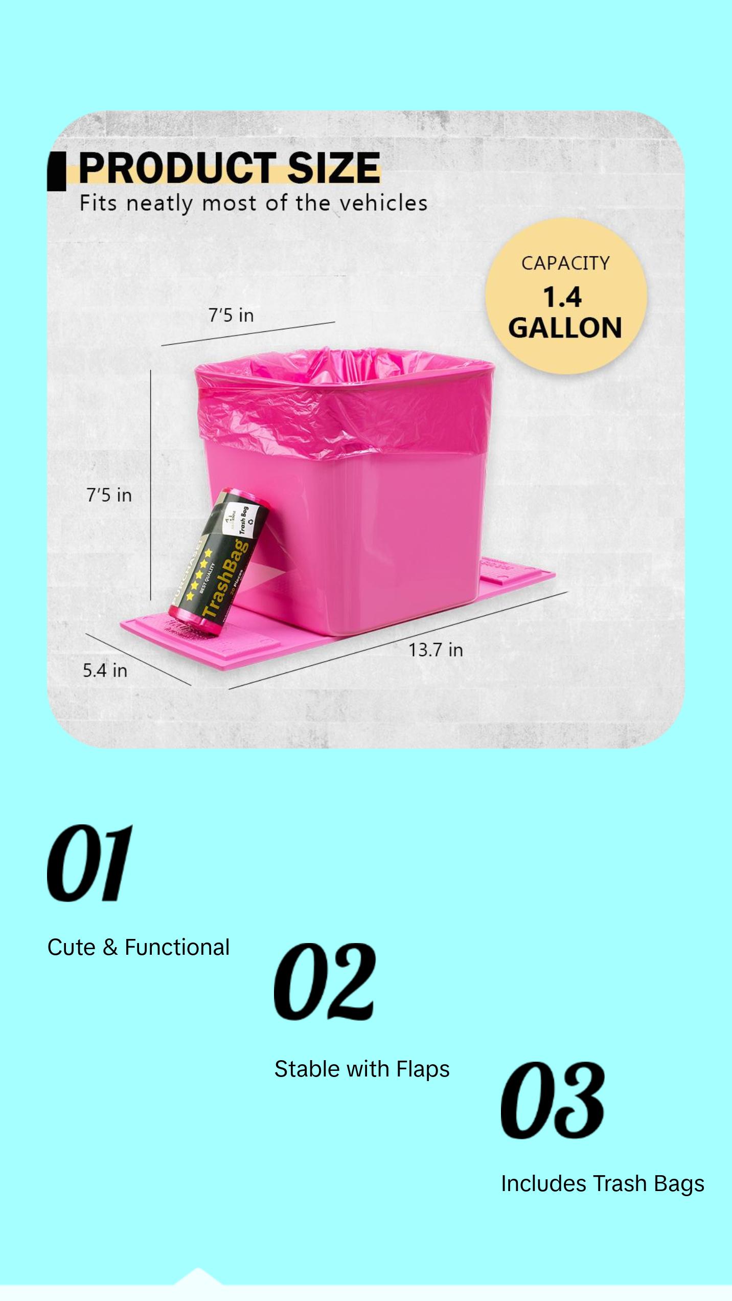 Haussimple Pink Car Trash Can with Stability Flaps Magic Strips & Free Trash Bag Roll Liners Compact Design for Car Organization