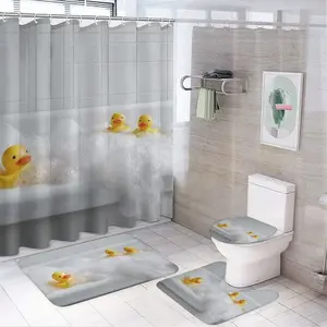Cute Bubble Rubber Duck Bathroom 4-Piece Set Waterproof Polyester Shower Curtain Flannel Bath Mat U-Shaped Toilet Lid Cover Base Rug Yellow Duck Bath Decor