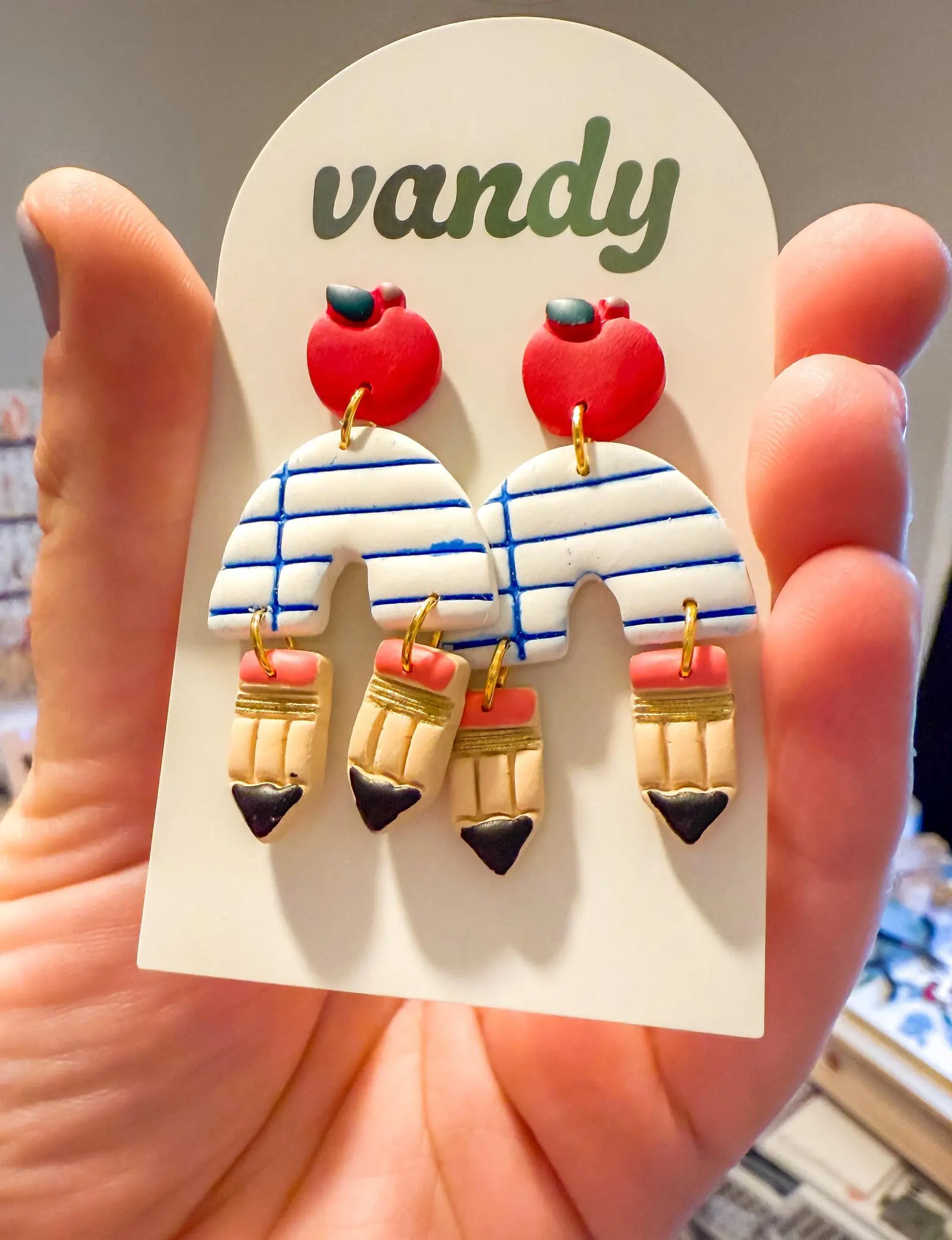 Pencil Paper Arch Apple Top Dangle Earrings | Teacher or Writer Earring for Work  Earring Gift for Teacher Polymer Clay and Nickel Free