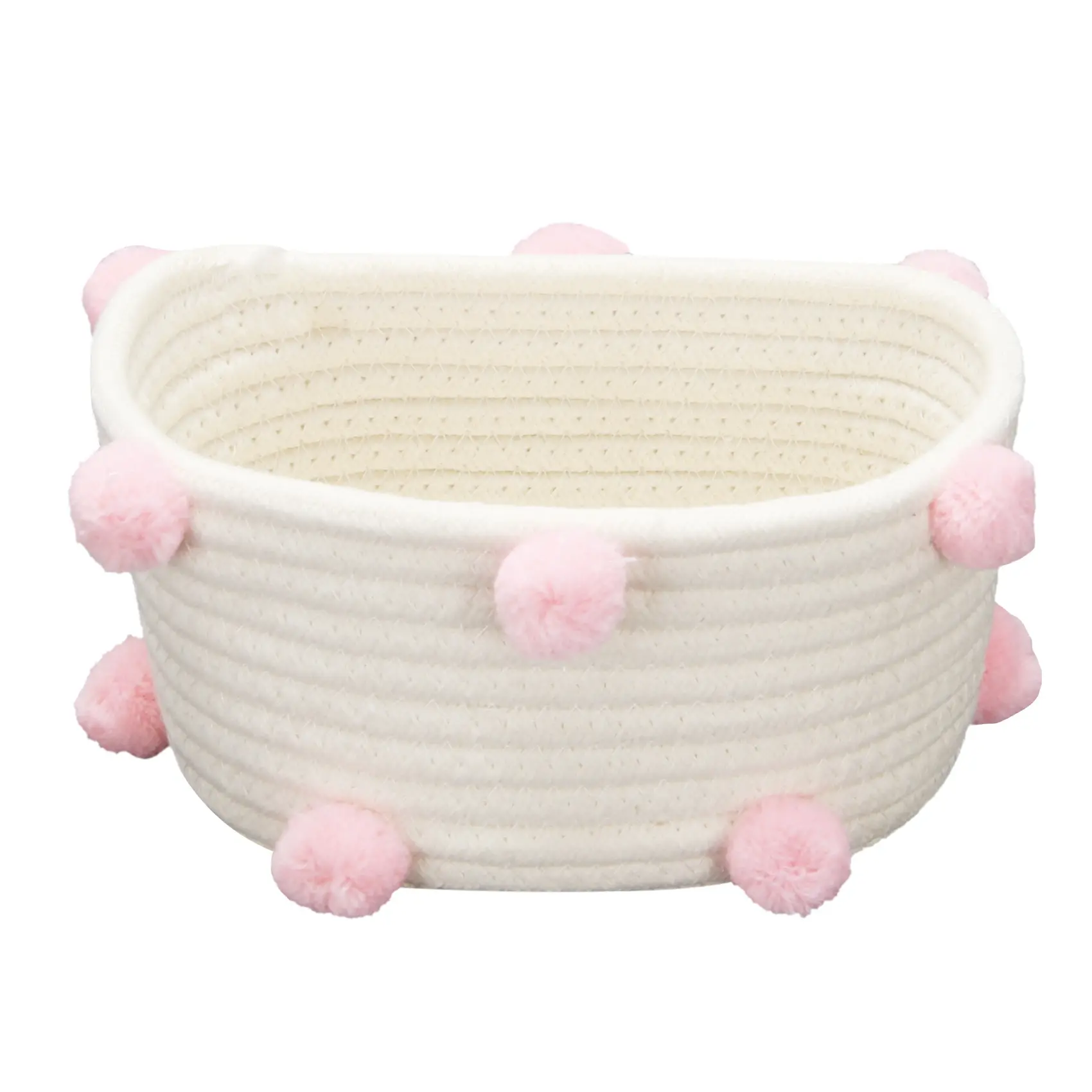 Small Pink Nordic-Style Cotton Woven Storage Basket with Cute Pom-Poms - Automotive & Motorcycle Repair Tool Assembly-Disassembly Accessory, Home Organizers, Toiletries Basket, Room Decor